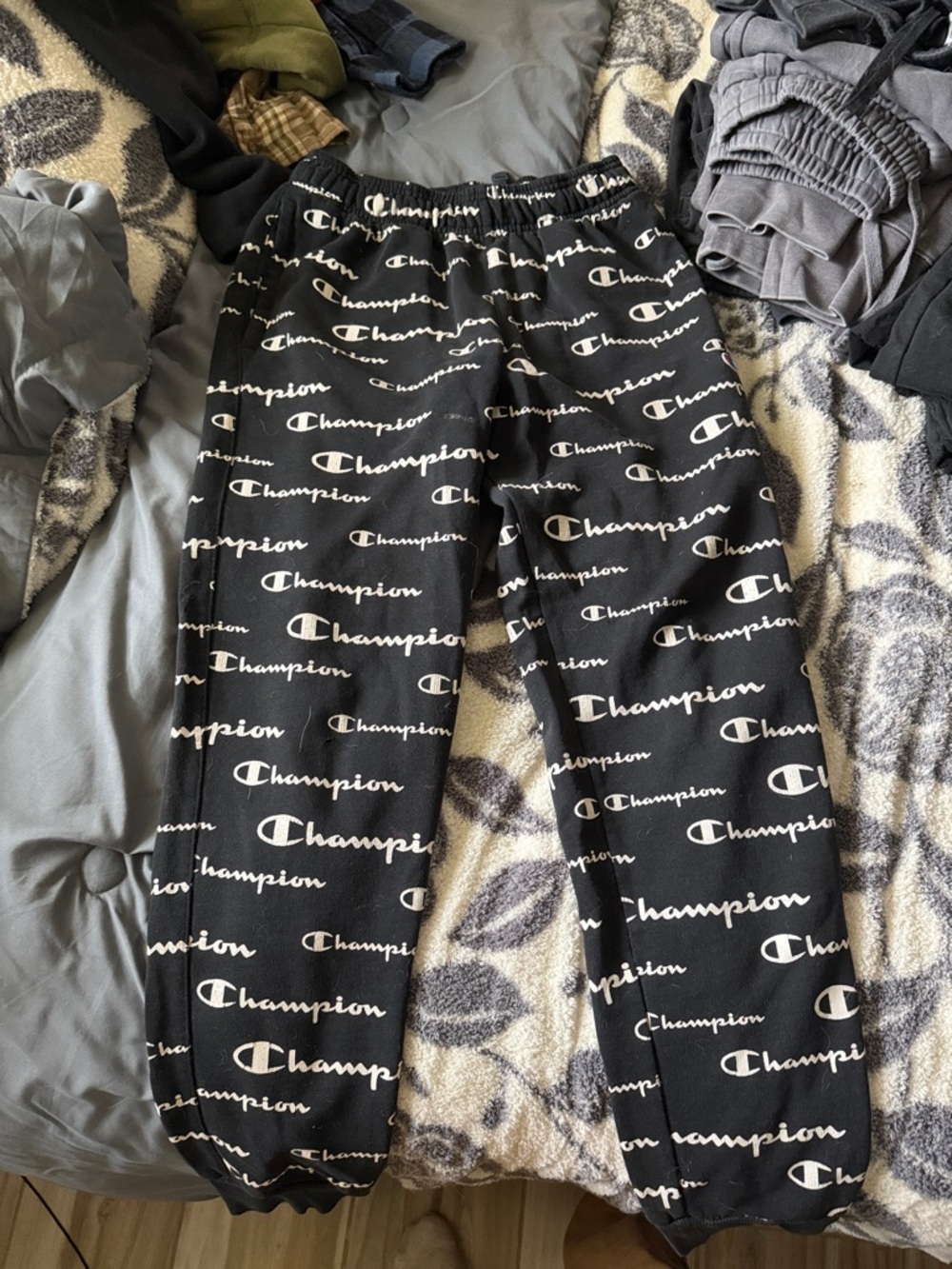 Champion Black Sweatpants with White Logo Print